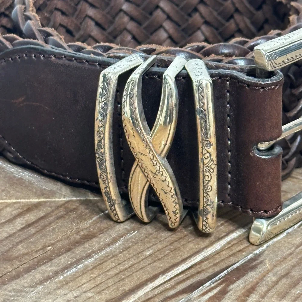 Vintage Brighton Brown Woven Braided Leather Belt Silver Buckle XS/26 97068
